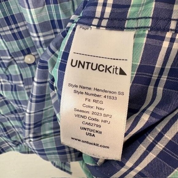 UNTUCKit Shirt Mens Large Navy Green Plaid Henderson SS Stretch Button Up 41533 - Picture 4 of 7